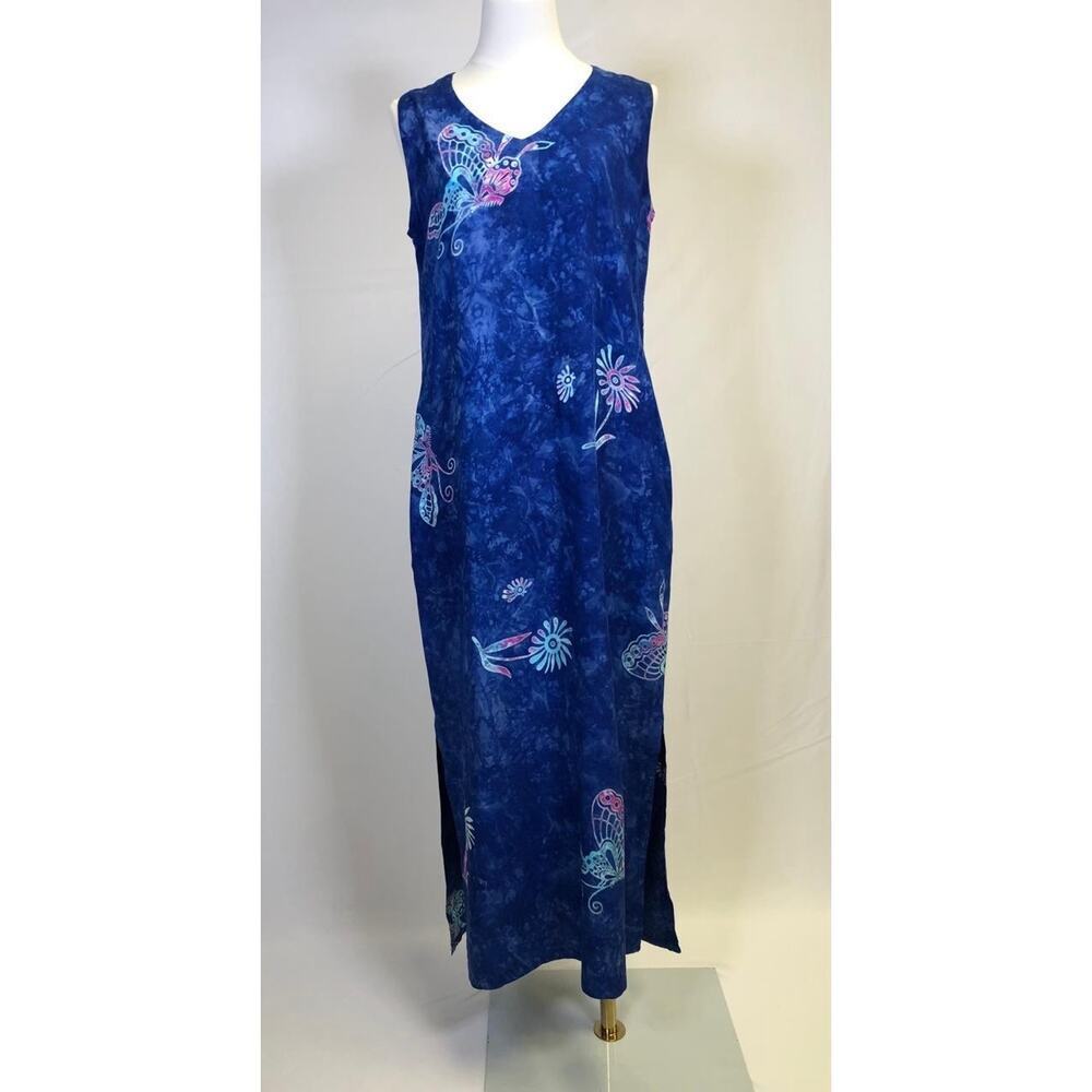 Women’s VTG Blue Hand Maxi Dress Art to Wear Boho Handmade‎ In Bali Blue Size M